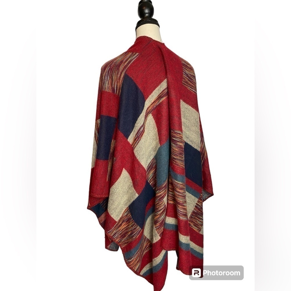 Desheng wrap poncho kimono duster in southwestern color block patchwork ruana - Picture 3 of 5